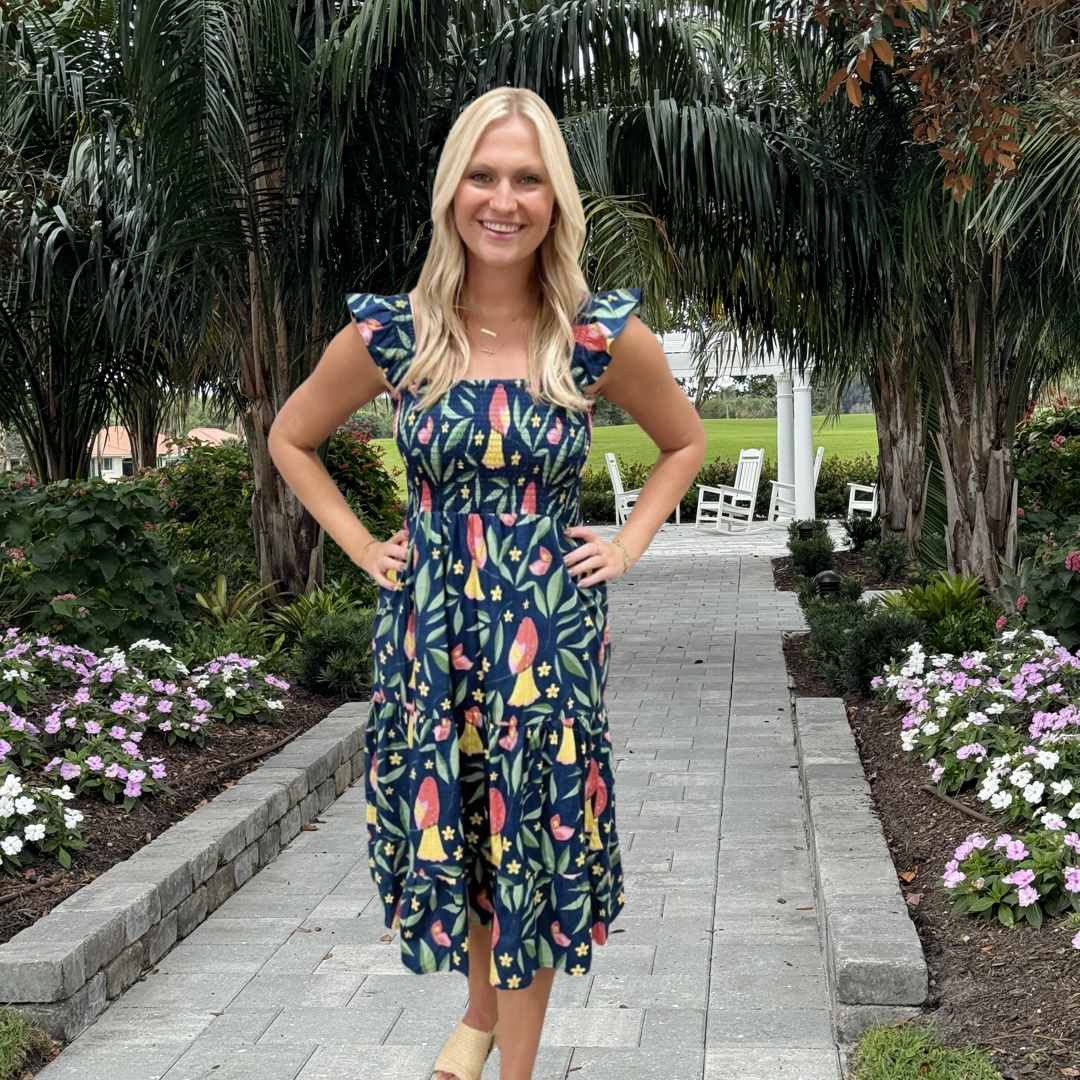The Cloey Navy Smocked Bird Print Dress — view 5