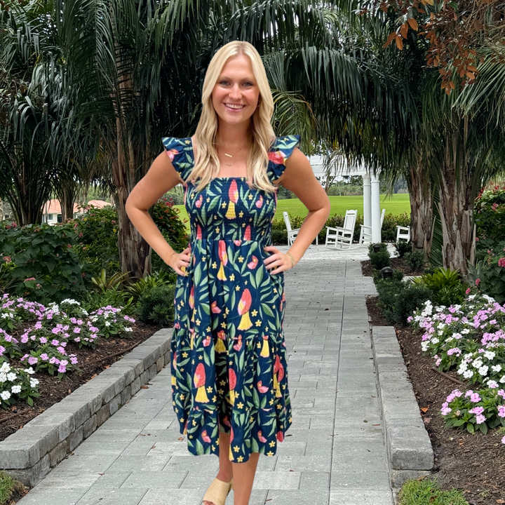 The Cloey Navy Smocked Bird Print Dress — view 5