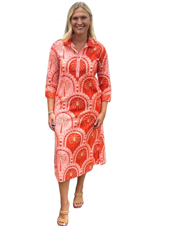 The Lisette Pink and Coral Palm Print Cotton Dress
