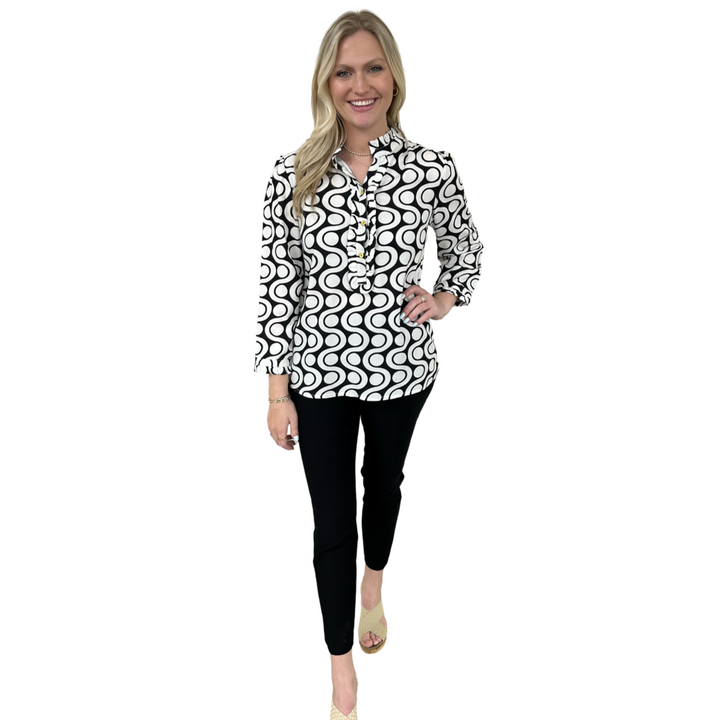 The Carrie Ruffle Trimmed Top in Black and White