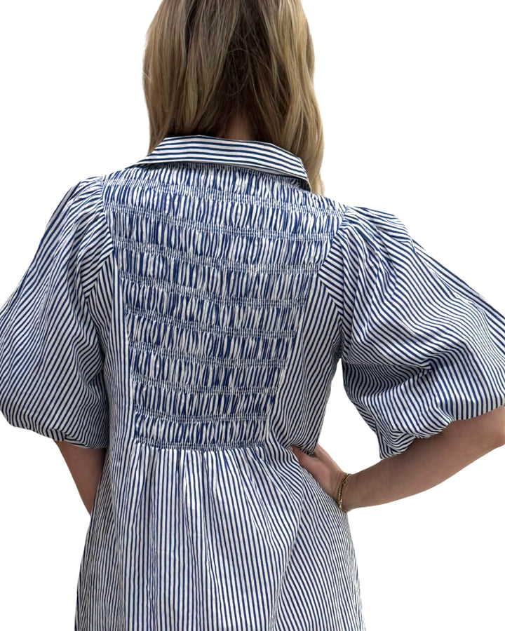 The Joanie White Blue Striped Short Sleeve Smocked Dress — view 4