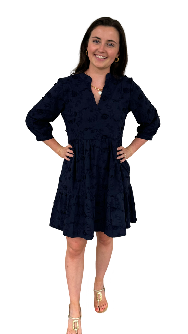 The Preston Navy Embroidered Cotton Dress