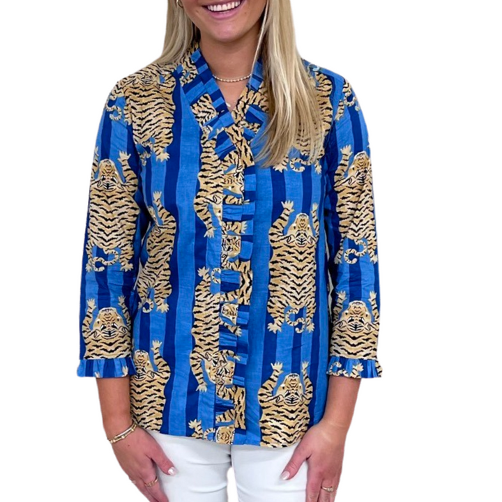 The Bessie Ruffle Front Top in Blue Tiger Stripe — view 5