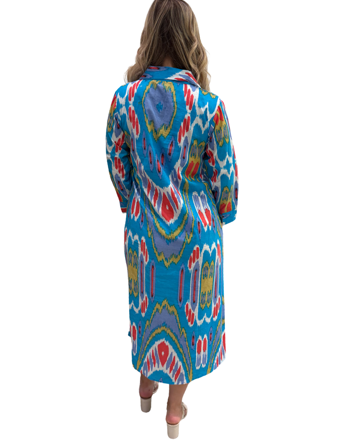 The Lisette Cotton Dress in Turquoise Red Ikat — view 6