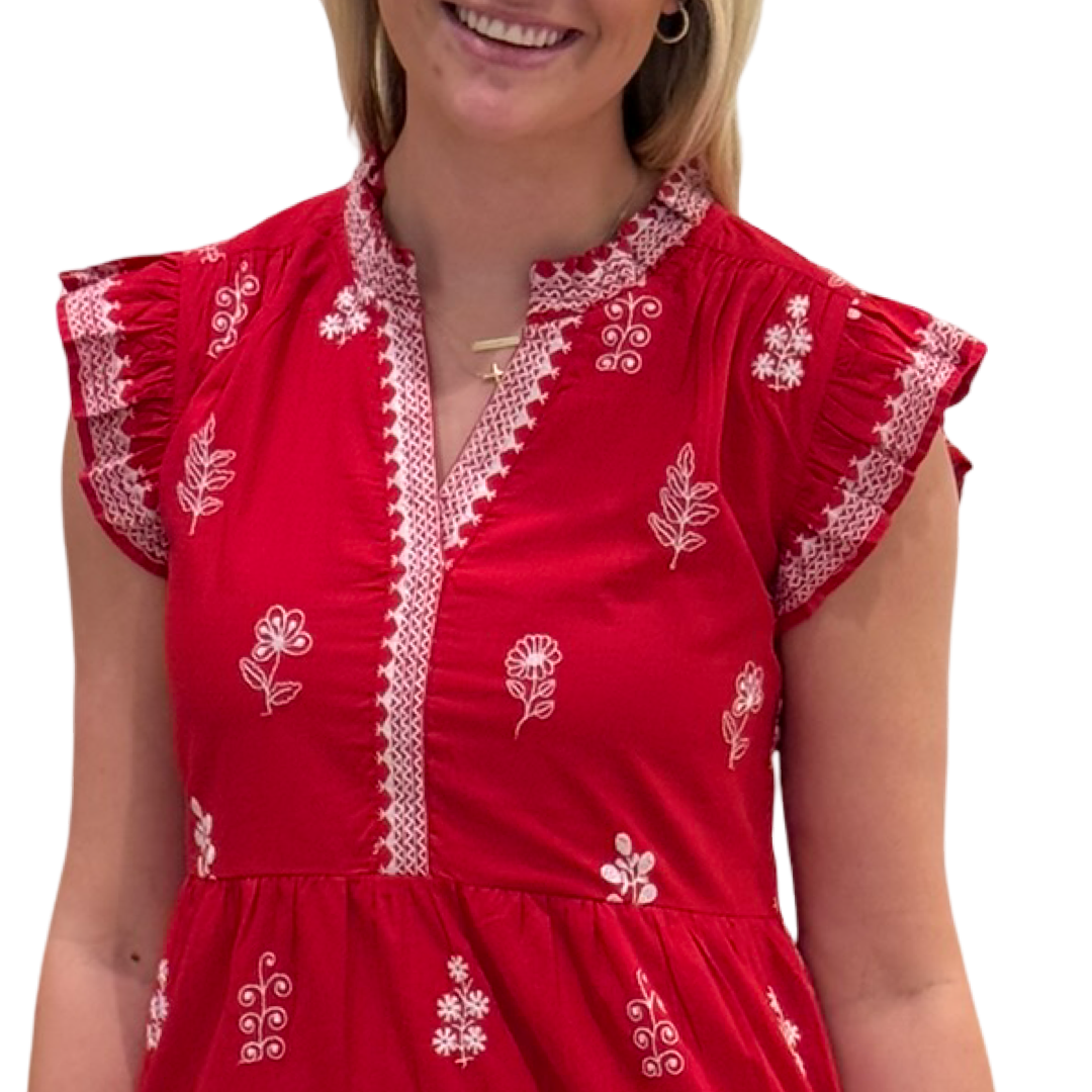 The Embroidered Campbell Flutter Sleeve in Red and White — view 3