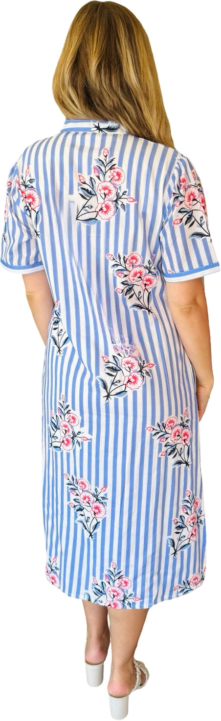 The Tabitha Short Sleeve Cotton Button Front Dress in Periwinkle Striped Floral — view 5