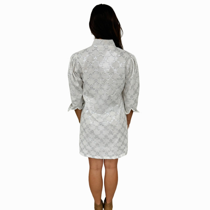The Shipley Stand-Up Collar Dress in Metallic White and Silver — view 8