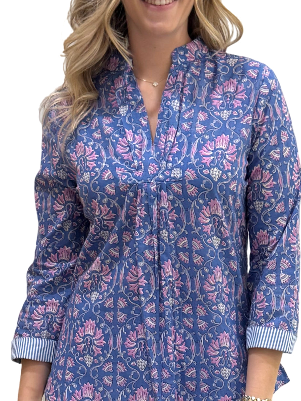 The Eloise Hand Block Printed Cotton Top in Blue and Lavender — view 2