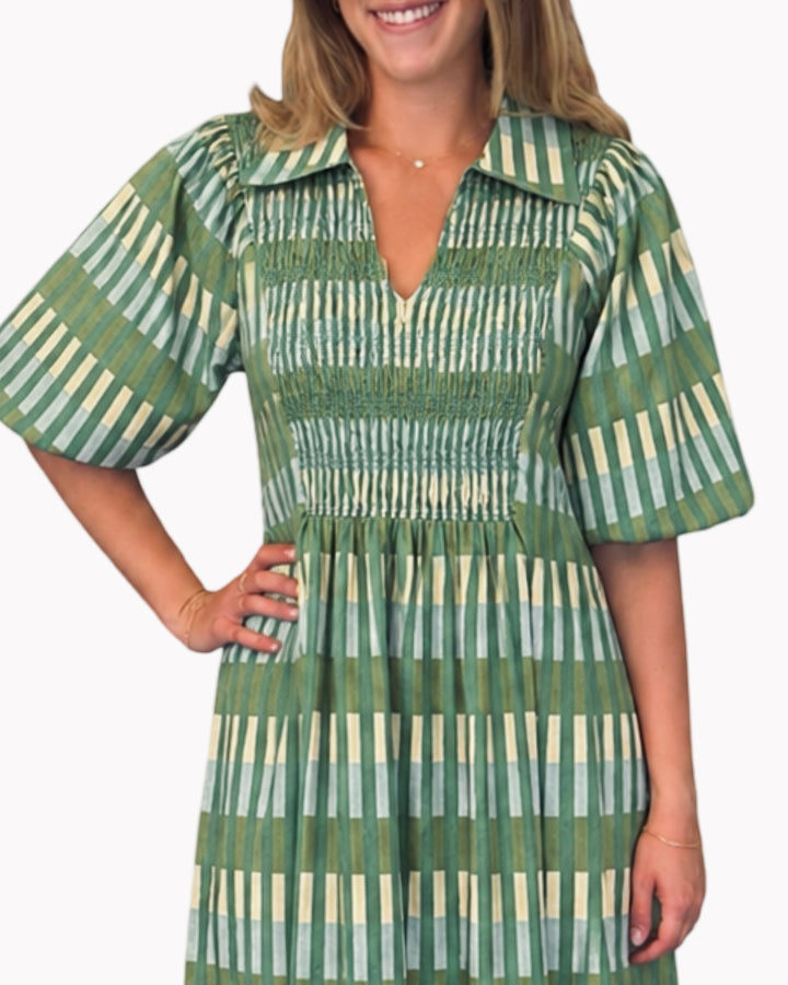 The Joanie Smocked Dress in Army Green Plaid