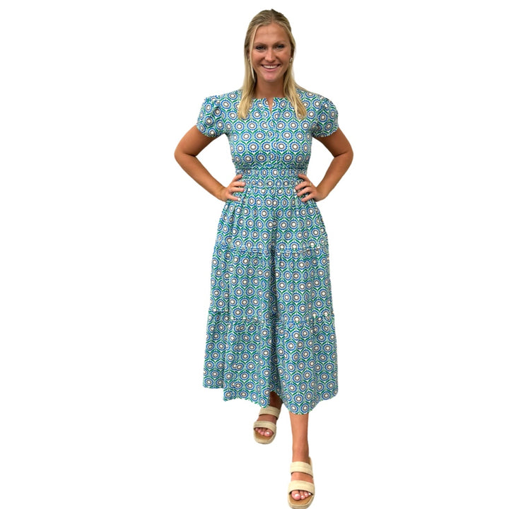 The Sydney Cinch Waist Dress in Green Blue Geometric Floral — view 2