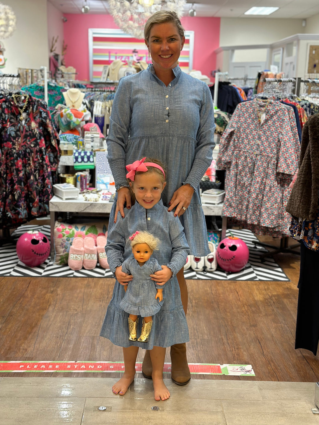 The Wesley Smocked Sleeve Girls Dress in Chambray — view 3