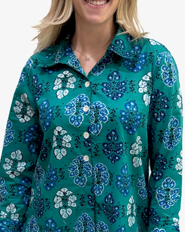 The Mason Button Front Tunic in Green Blue Floral Print — view 3