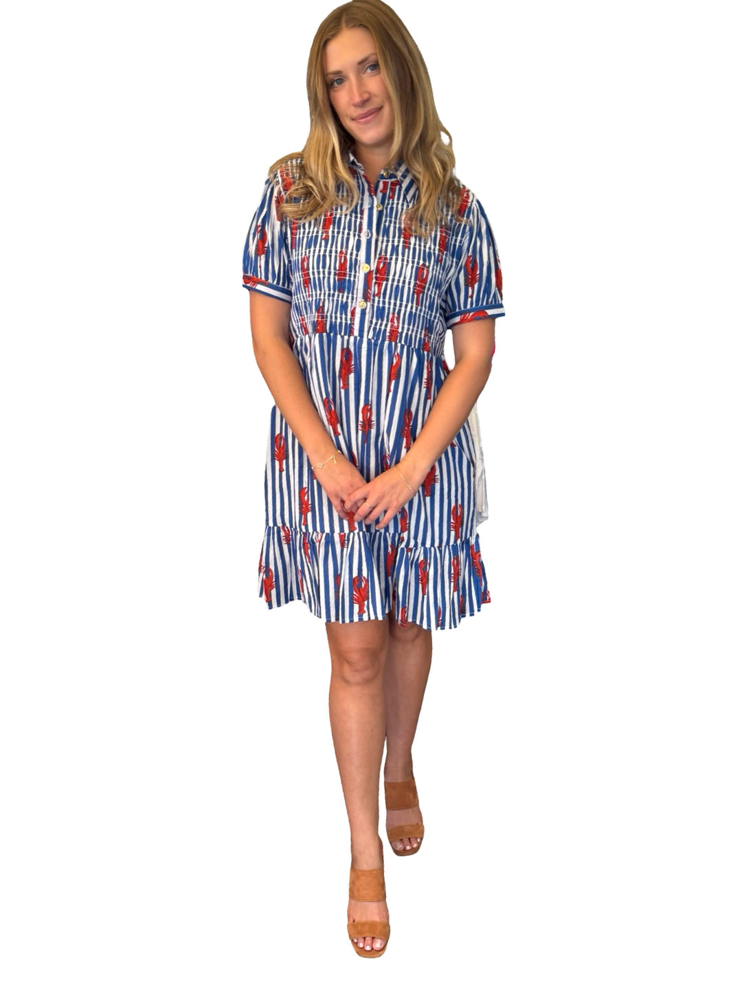 The Tasha Smocked Front Dress in Lobster Striped Cotton