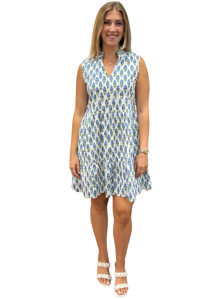 The Bennett Sleeveless Cotton Dress in Blue Hand Block Printed Blue Tulip Floral