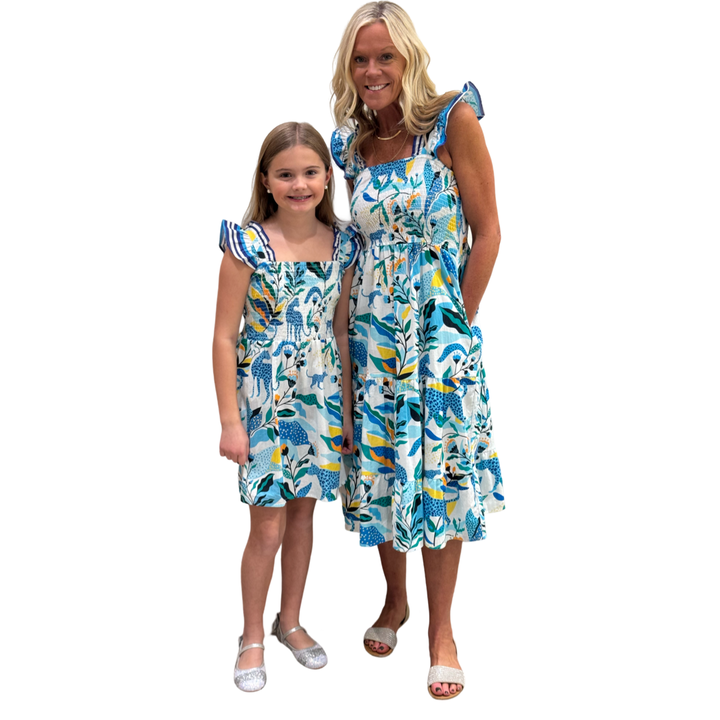 The Cloey Smocked Top Dress in Blue Yellow Multi Panther Print — view 6