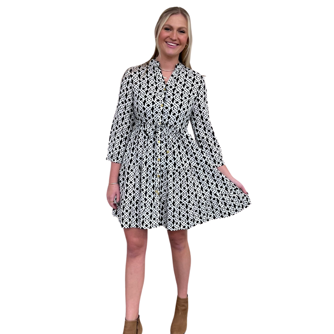 The Hamilton Tie Front Monochromatic Print Dress in Black and White — view 5