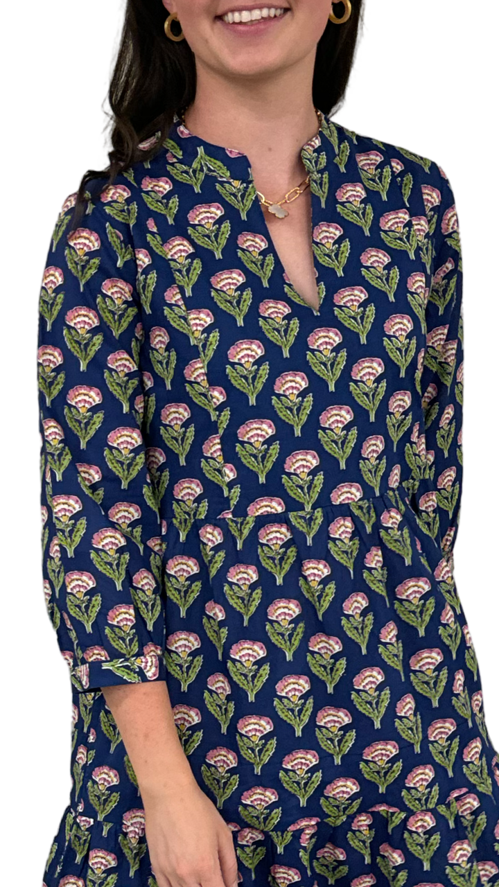 The Preston Hand Block Blue Pink Cotton Floral Dress — view 6