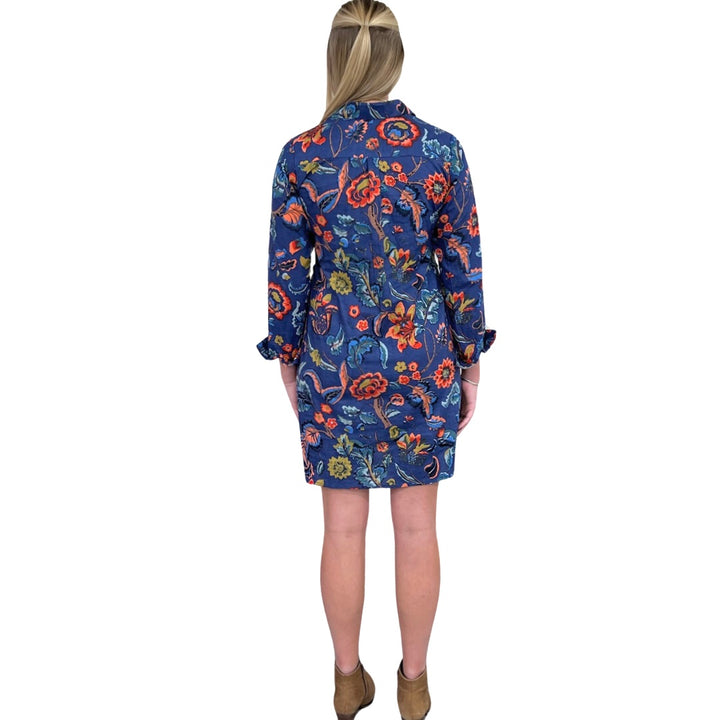 The Riley Cotton Shirt Dress in Blue Hand Blocked Floral — view 6