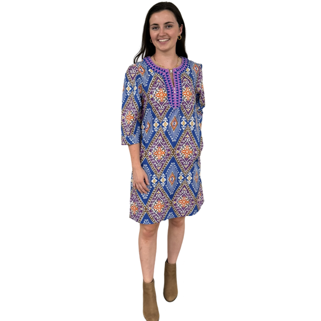 The Merrill Lavender Ikat Embroidered Trim Tunic Dress — view 4
