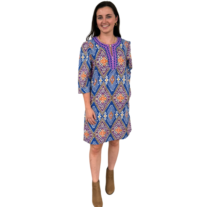 The Merrill Lavender Ikat Embroidered Trim Tunic Dress — view 4