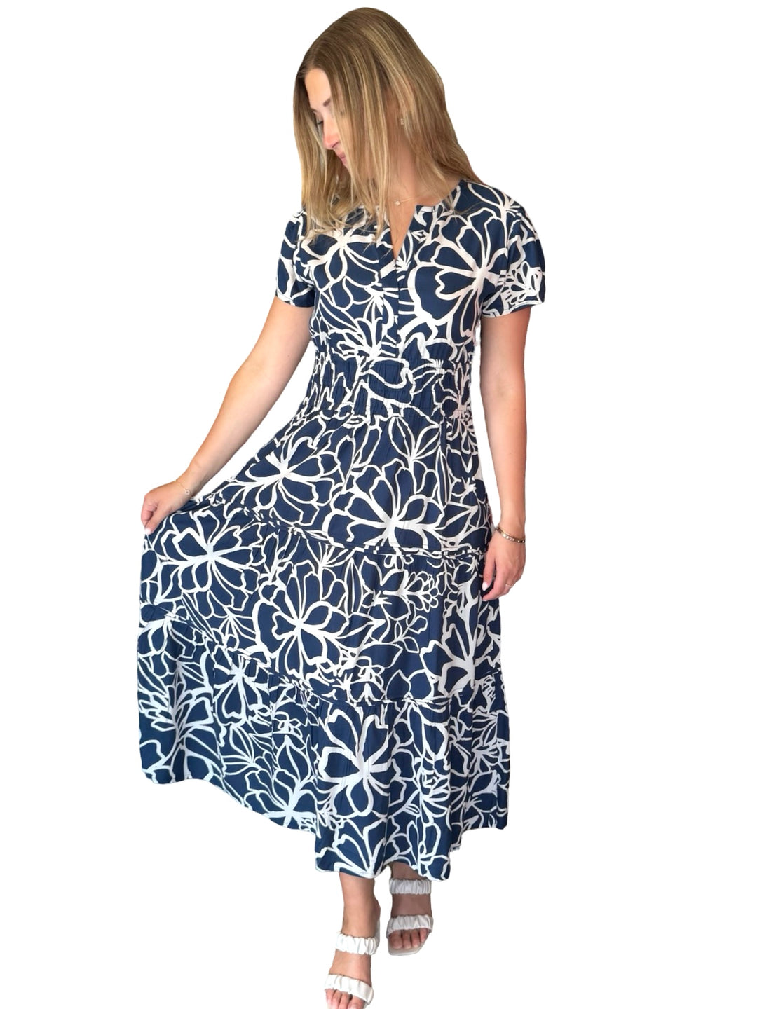 The Sydney Short Sleeve Cinch Waist Dress in Navy White Abstact Floral — view 4