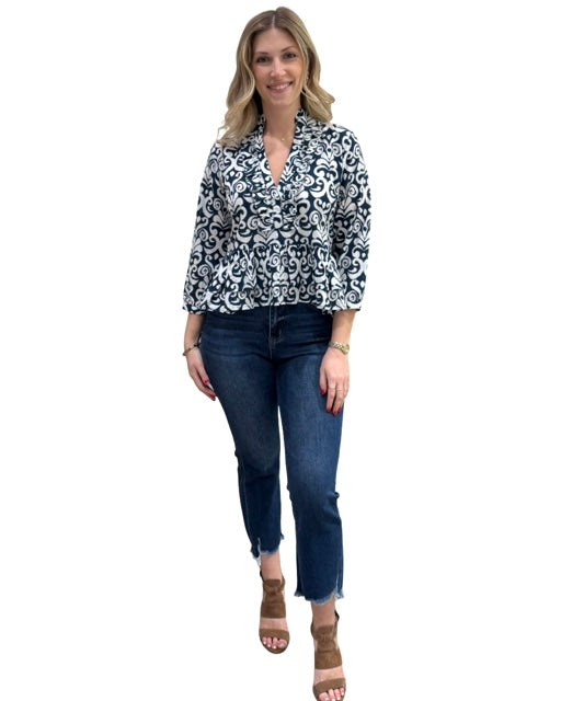 The Bella Cotton  3/4 Sleeve Top in Navy and White