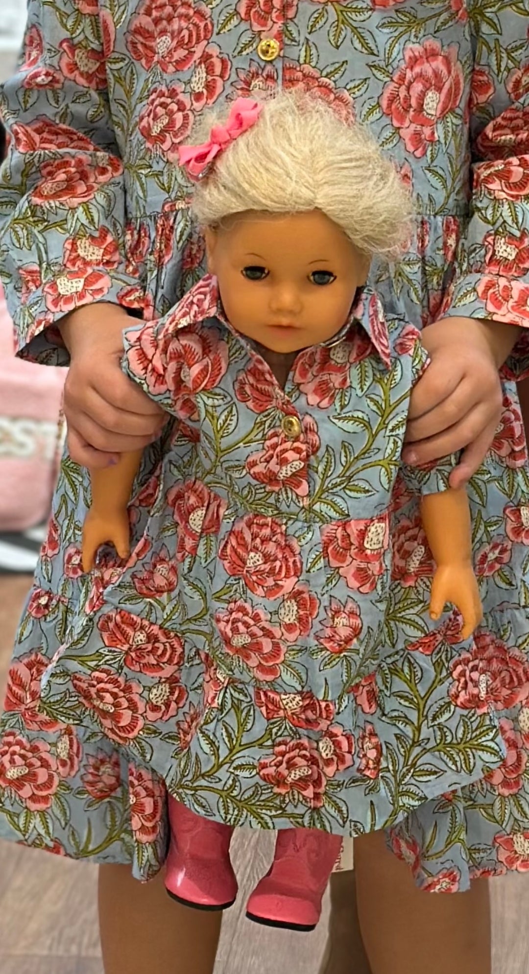 The Nicolette Cotton Floral Doll Dress in Blue and Pink
