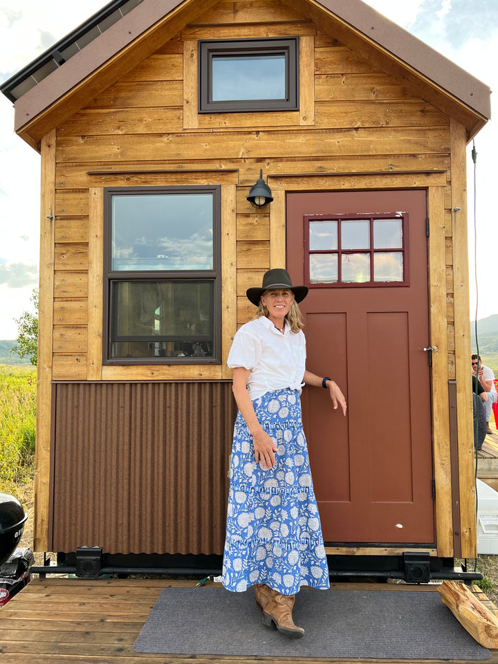 The Kara Long Length Hand Block Printed Skirt in Blue and White — view 7
