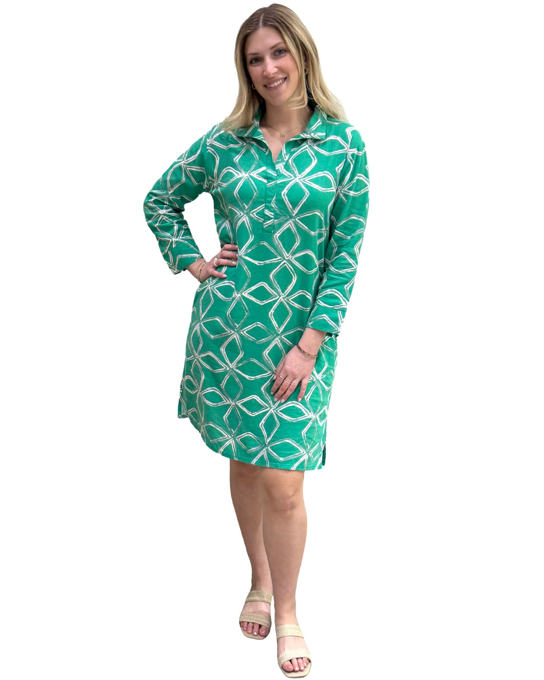 The Lisette Cotton Dress in Parakeet Green and White