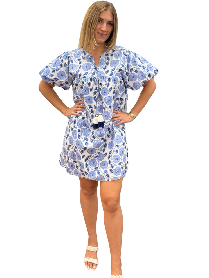 The Poppy Dress in White Blue Hand Block Floral — view 3