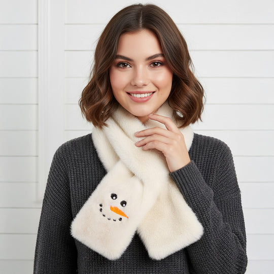 Faux Fur Plush Embroidered Pull Through Snowman Scarf