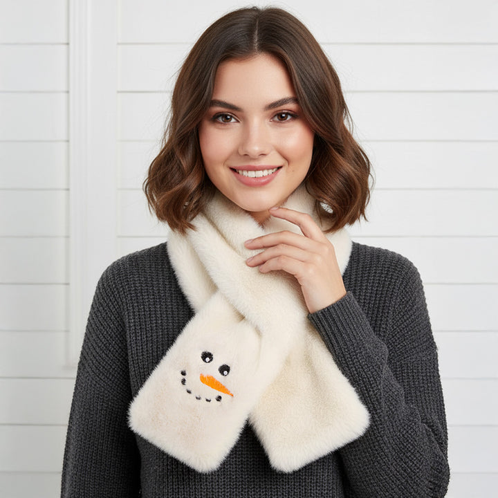 Faux Fur Plush Embroidered Pull Through Snowman Scarf
