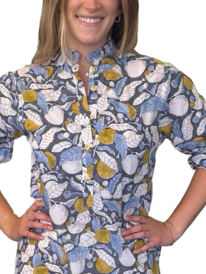 The Tricia Ruffle Trim Top in Grey Blue Leaf Print