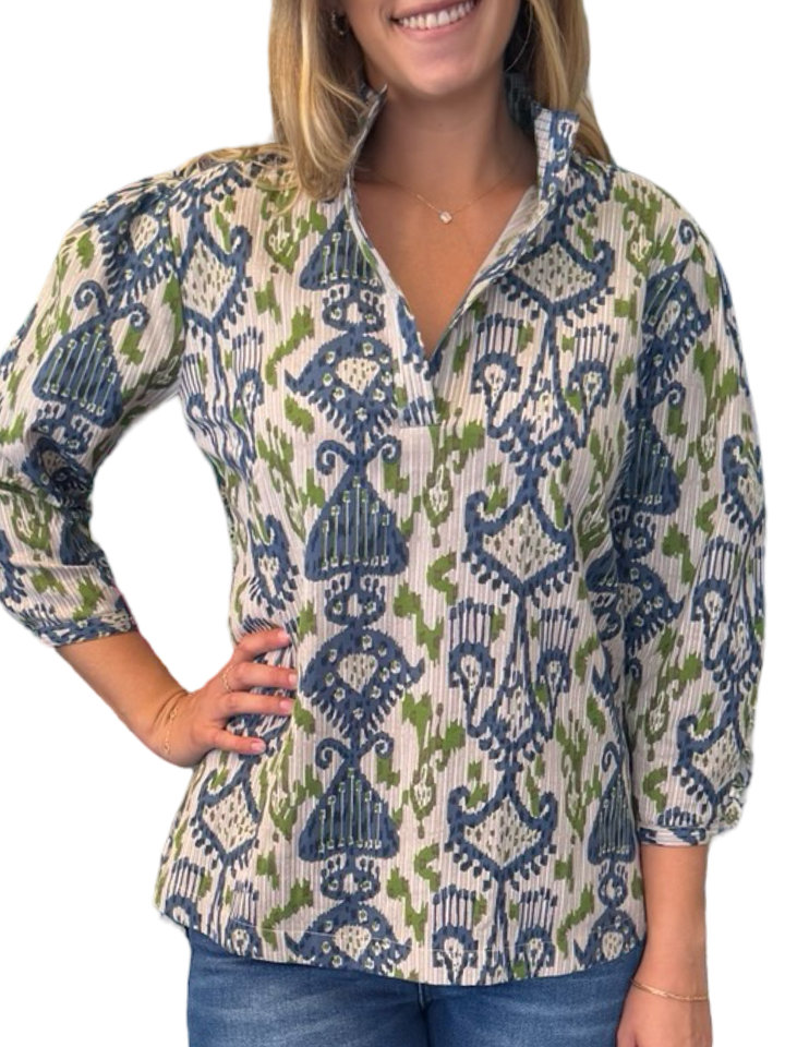The Shipley Top in Green Blue Ikat Cotton