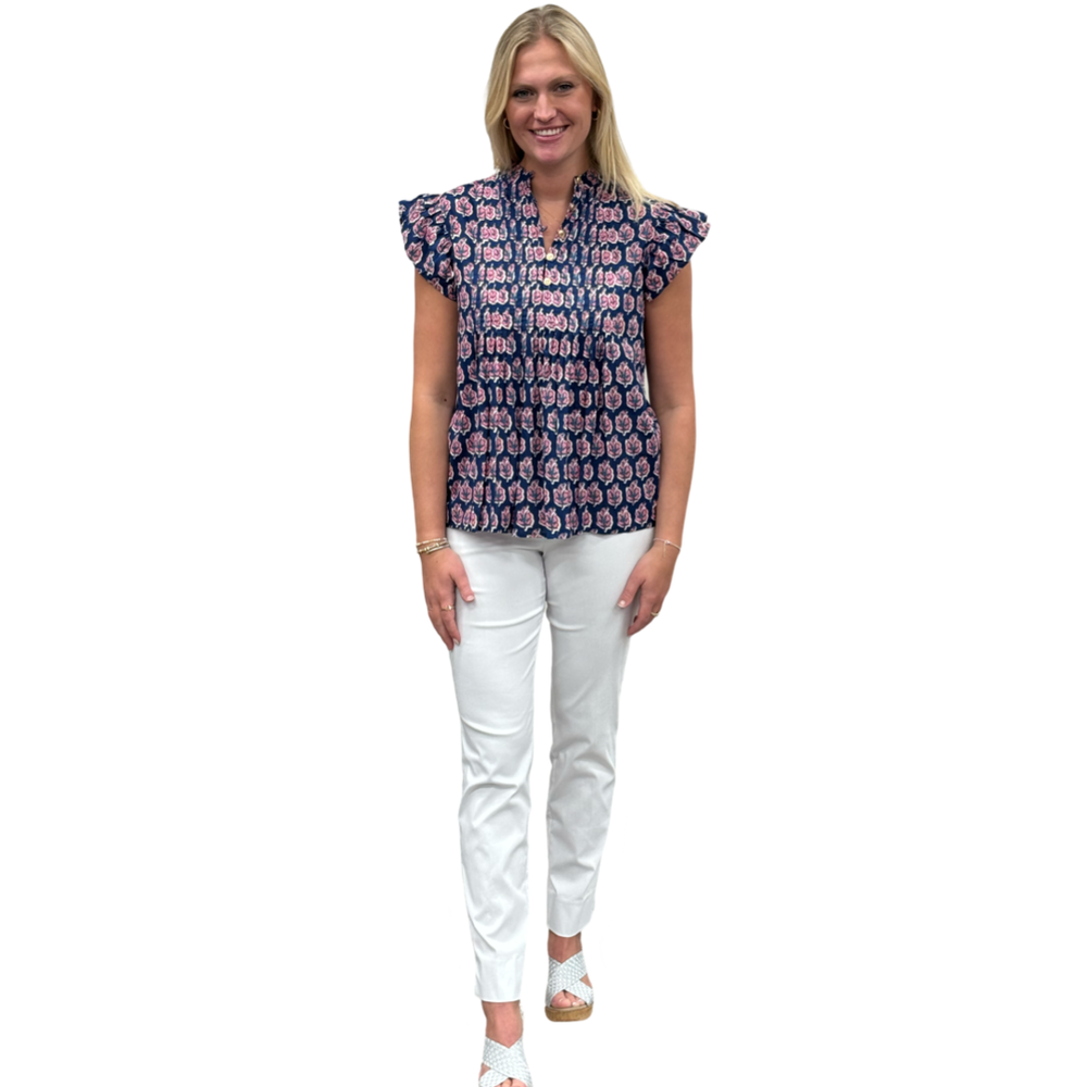 The Ava Pin Tuck Flutter Sleeve Top in Navy and Pink Floral — view 2