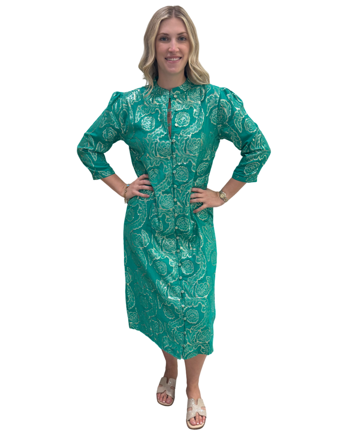 The Tabitha Button Front 3/4 Sleeve Dress  in Emerald Green and Gold — view 4