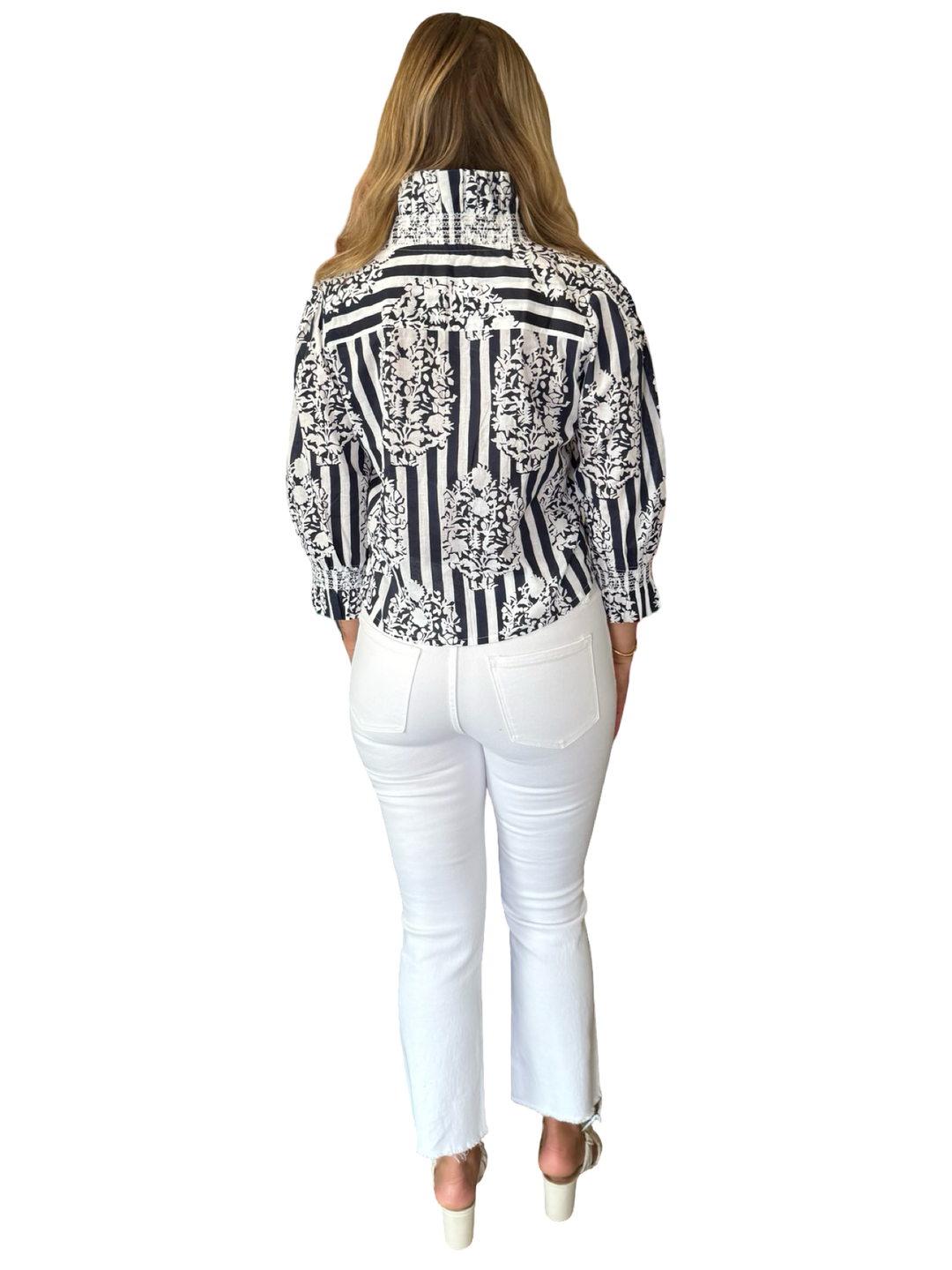 The Amelia Cotton Ruffle Top in Navy Striped Floral Print — view 5