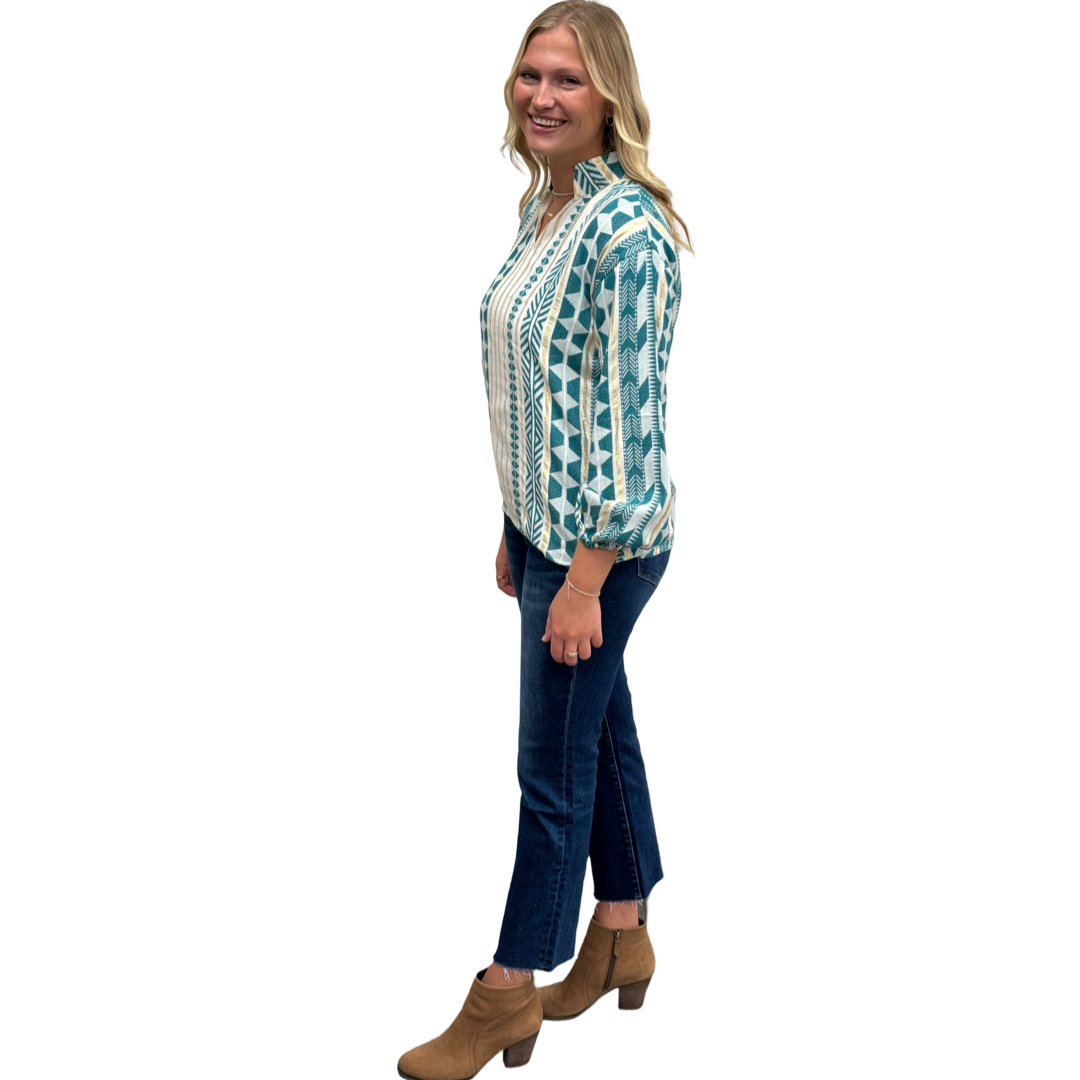 The Phoebe Emerald and Gold Cotton Jacquard Striped Top — view 2