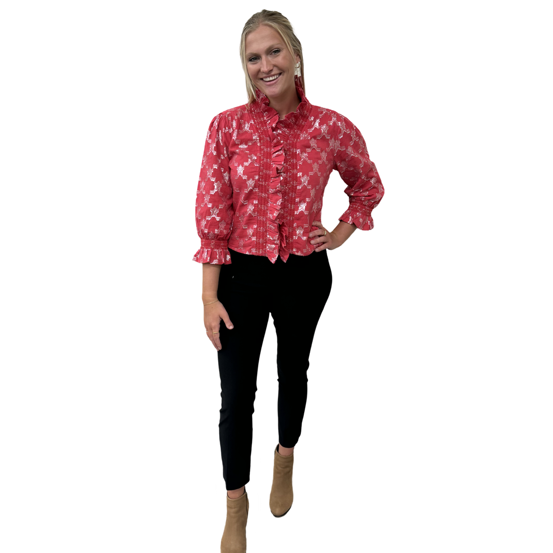The Amelia Ruffle Trim Top in Pink and Silver