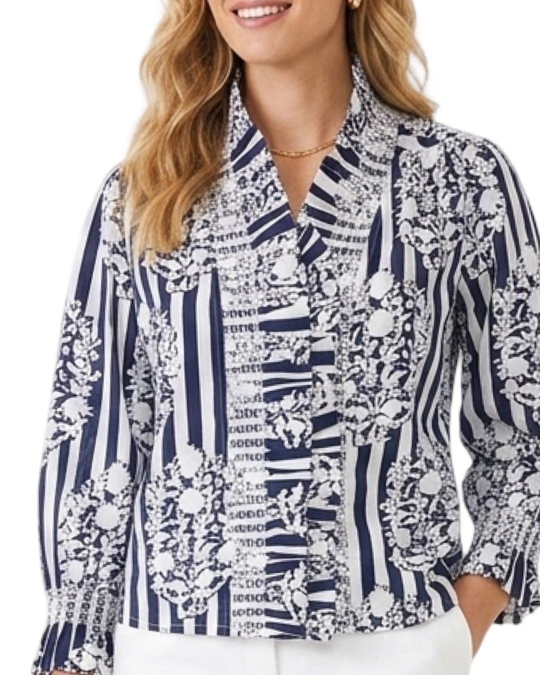 The Amelia Cotton Ruffle Top in Navy Striped Floral Print — view 2