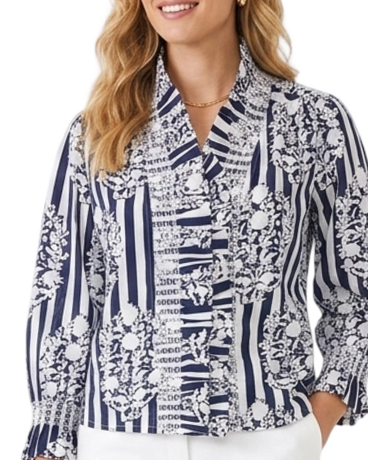 The Amelia Cotton Ruffle Top in Navy Striped Floral Print — view 2