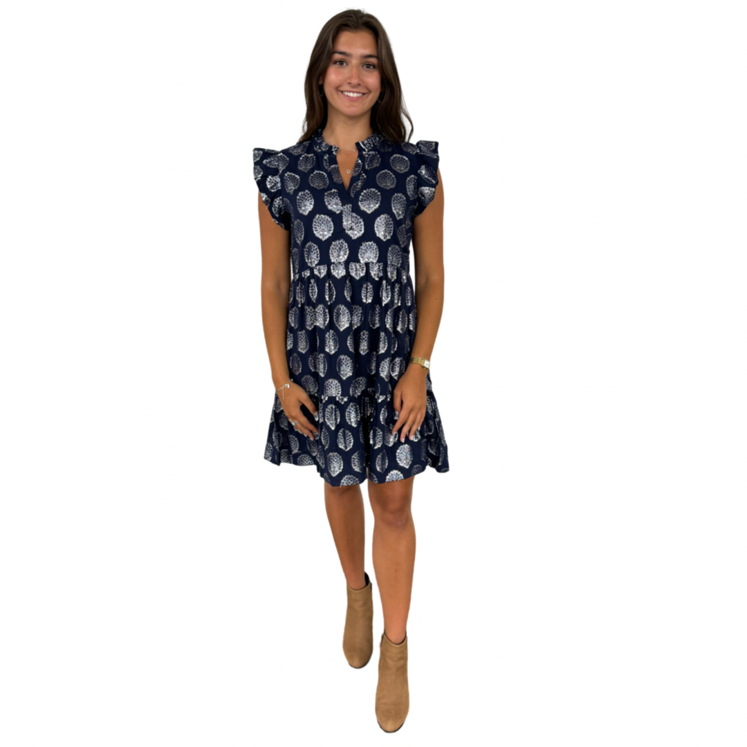 The Fiona Flutter Sleeve Dress in Navy and Silver