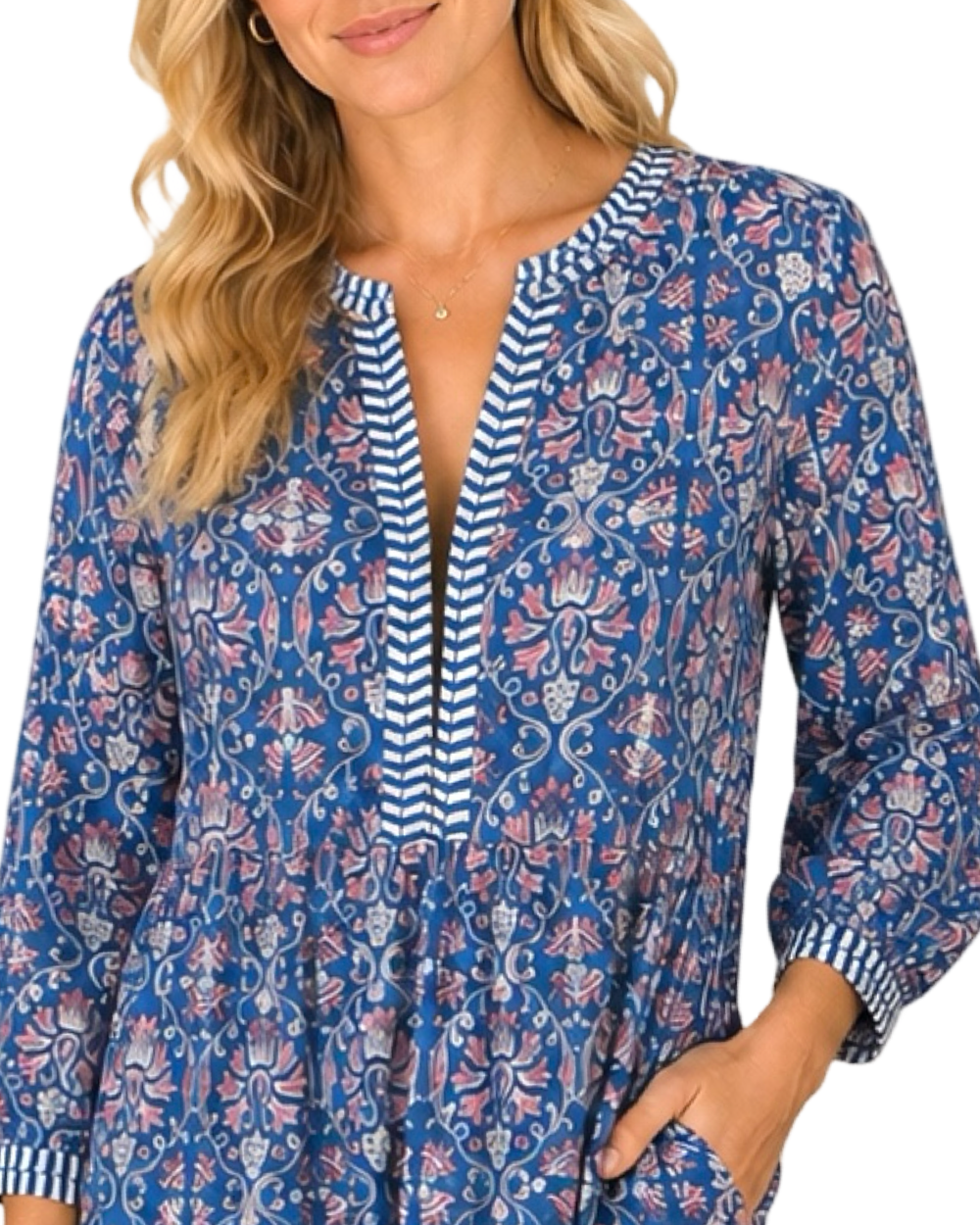 The Daniella Embroidered Trim Cotton Dress in Blue Lavender Floral — view 2