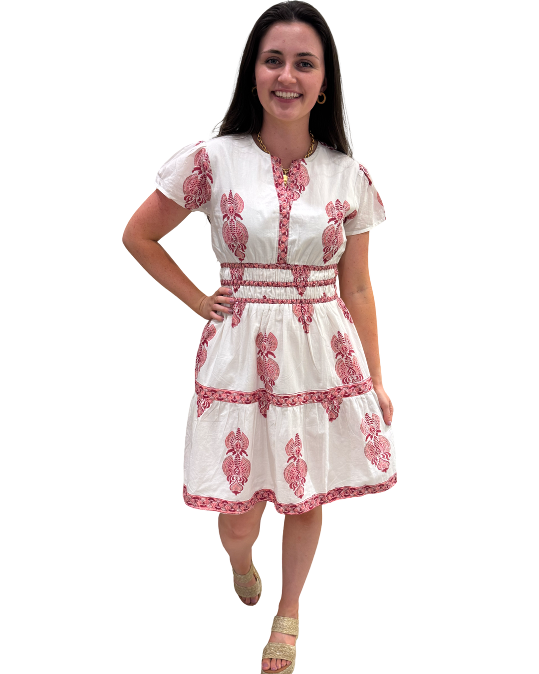 The Sydney Short Sleeve Hand Block Printed Dress in White Peach Pink Print — view 4