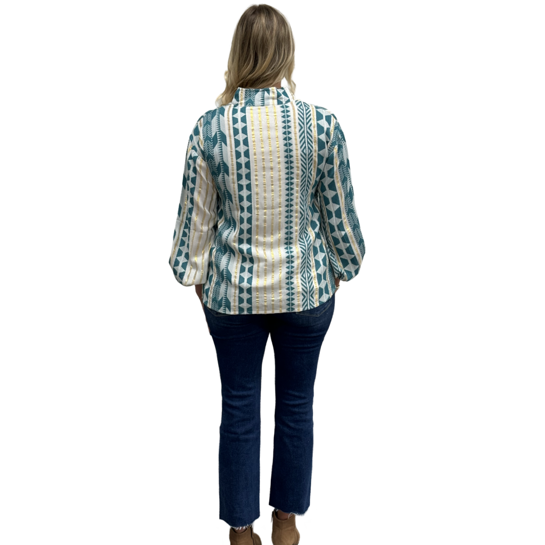 The Phoebe Emerald and Gold Cotton Jacquard Striped Top — view 5