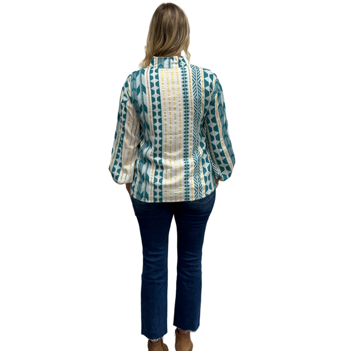 The Phoebe Emerald and Gold Cotton Jacquard Striped Top — view 5