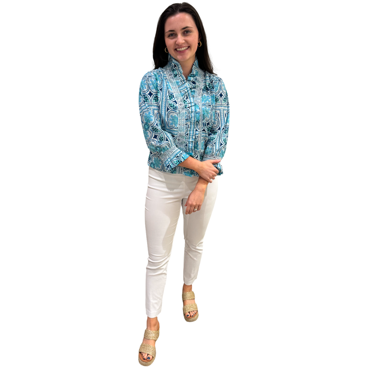 The Amelia Ruffle Front Cotton Top in Aqua Tile Print — view 3