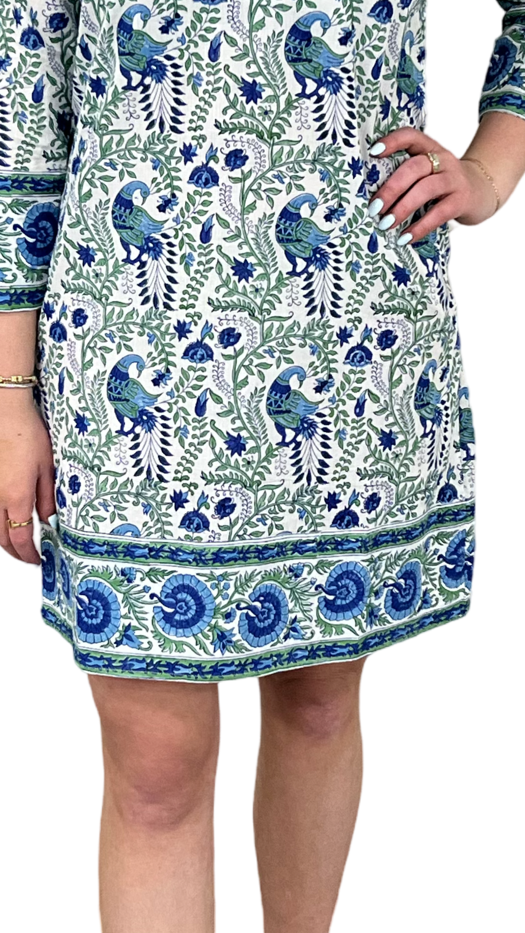 The Brie Cotton Block Print Dress in Green and Blue Floral Bird Print — view 5