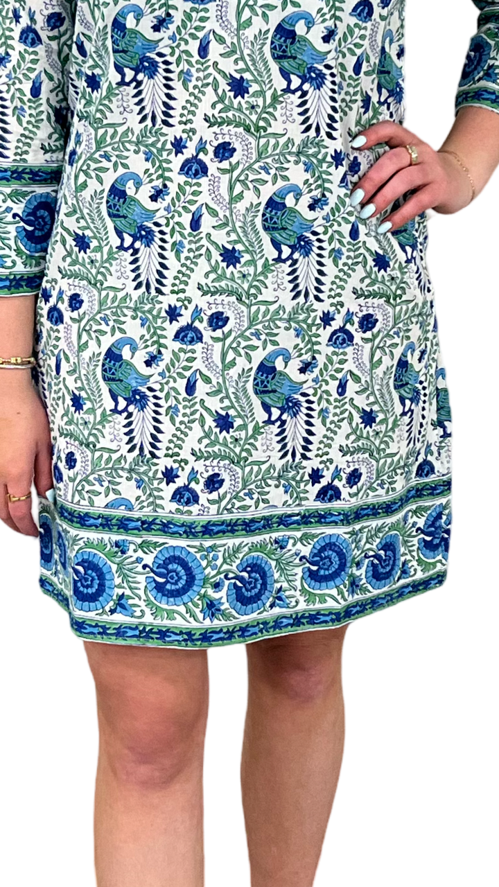 The Brie Cotton Block Print Dress in Green and Blue Floral Bird Print — view 5