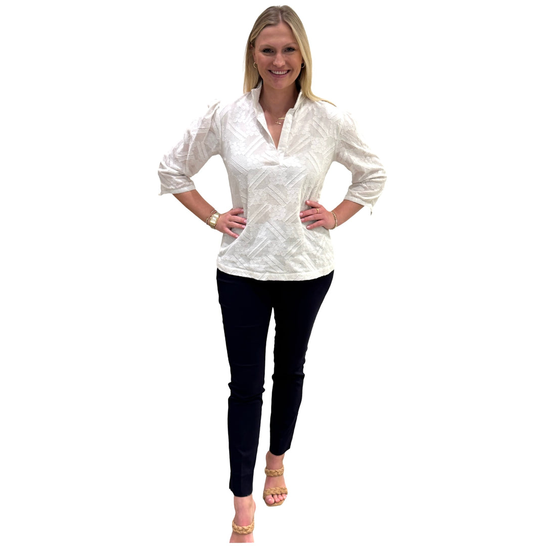 The Shipley Stand-up Collar top in White Cotton Jacquard
